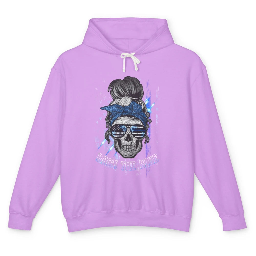 Back The Blue Police American Flag Skull Lady 4th of July Unisex Lightweight Hoodie