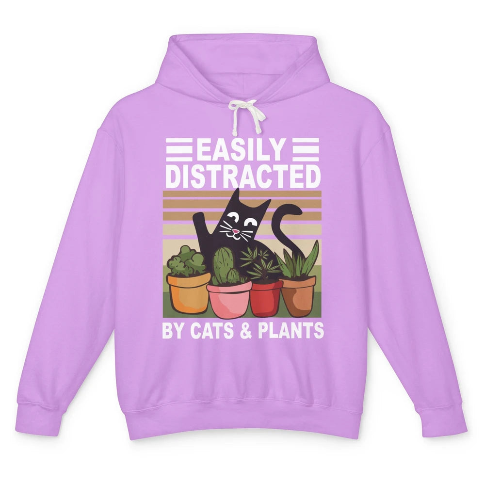 Easily Distracted By Cats And Plants Vintage Gardening Gift Unisex Lightweight Hoodie