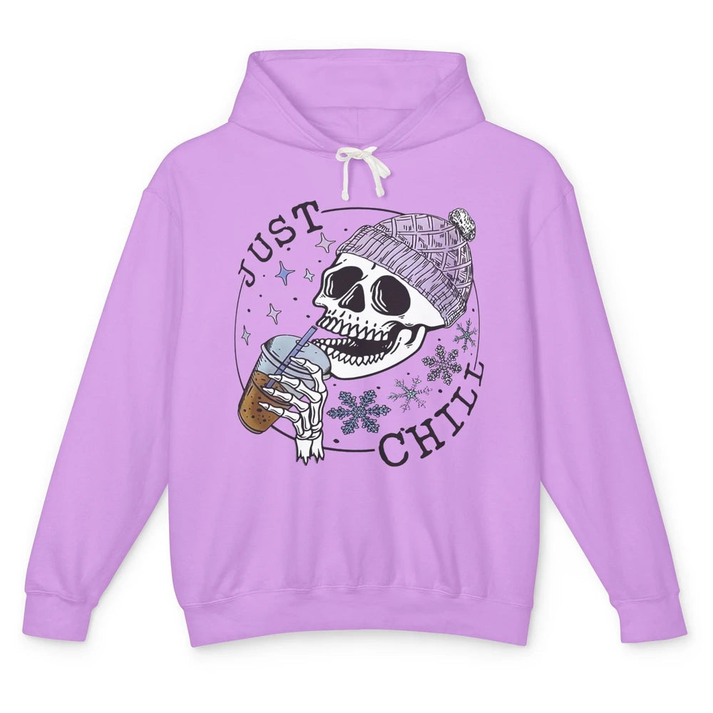 Funny Skeleton Coffee Just Relax Snowflakes Christmas Unisex Lightweight Hoodie