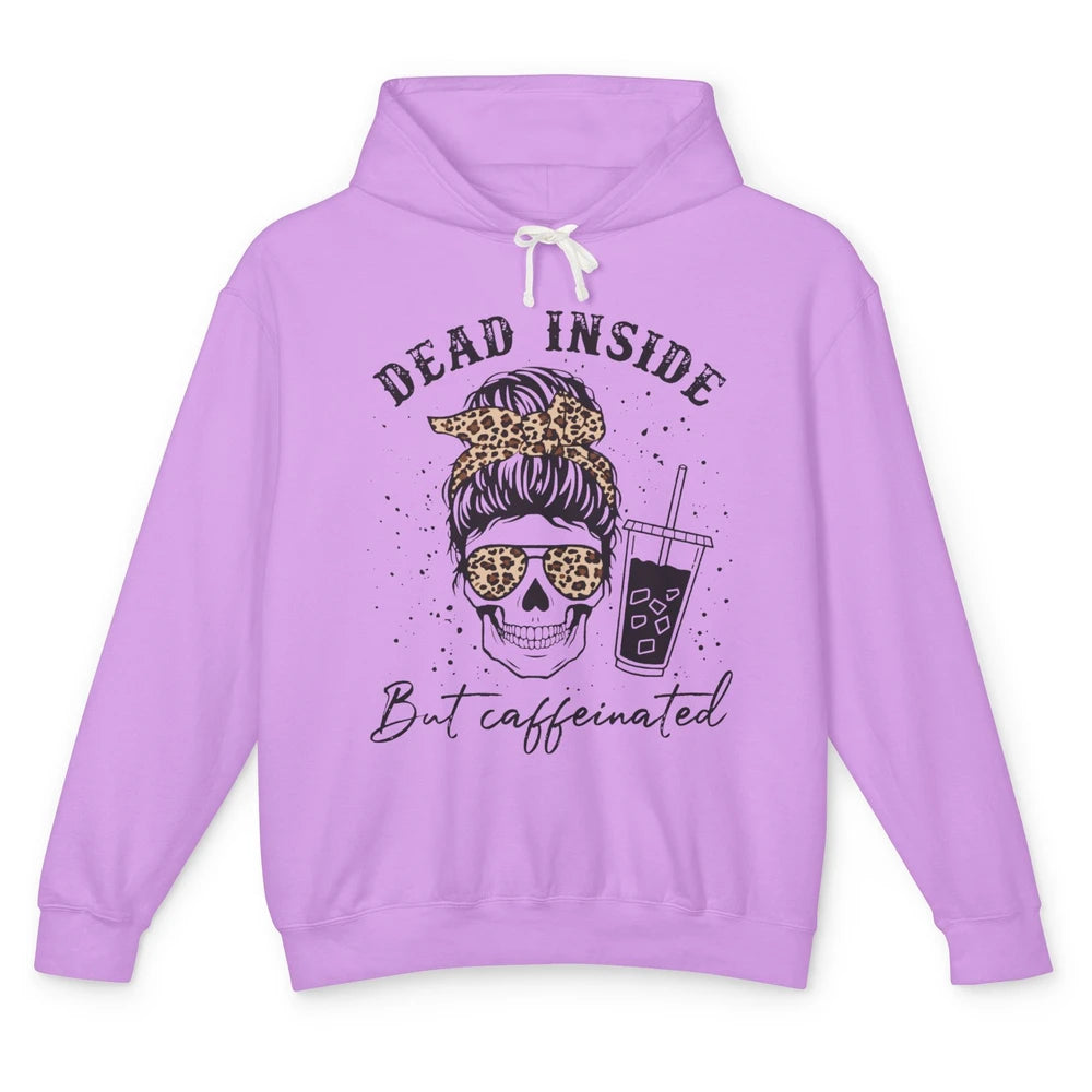 Funny Messy Bun Skull Dead Inside But Caffeinated Leopard Unisex Lightweight Hoodie