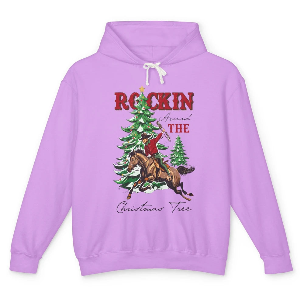 Retro Horsing Cowboy Rocking Around Christmas Tree Western Unisex Lightweight Hoodie