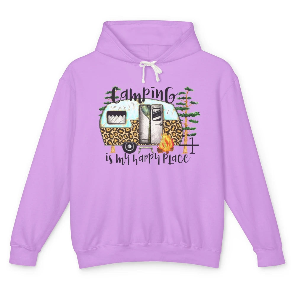 Campers Camping Is My Happy Place Leopard Camping Lover Gift Unisex Lightweight Hoodie