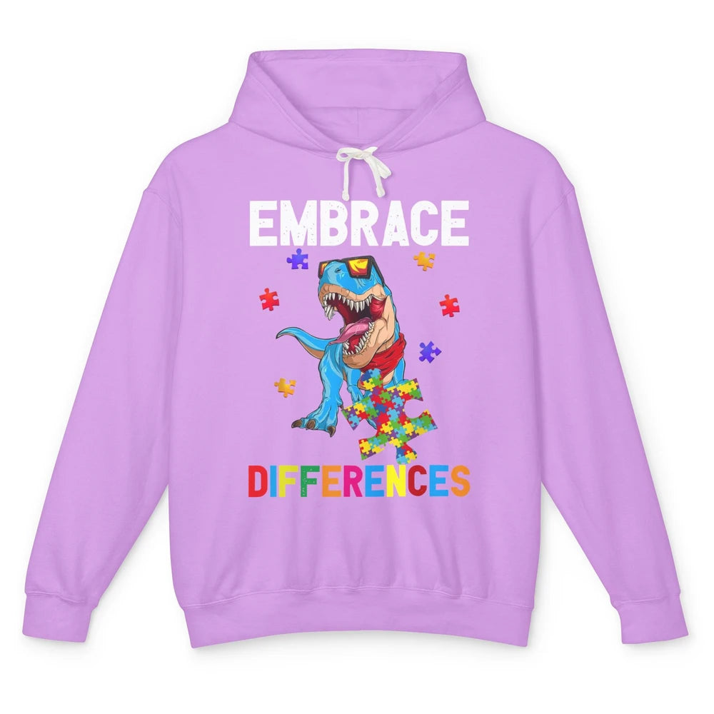 Autism Awareness Dinosaur Puzzle Piece Embrace Differences Unisex Lightweight Hoodie