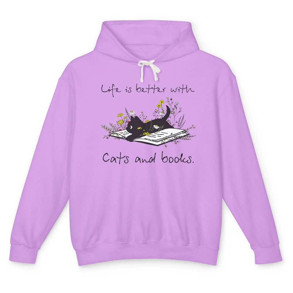 Funny Black Cat And Floral Book Cute Kitten Minimal Flowers Unisex Lightweight Hoodie