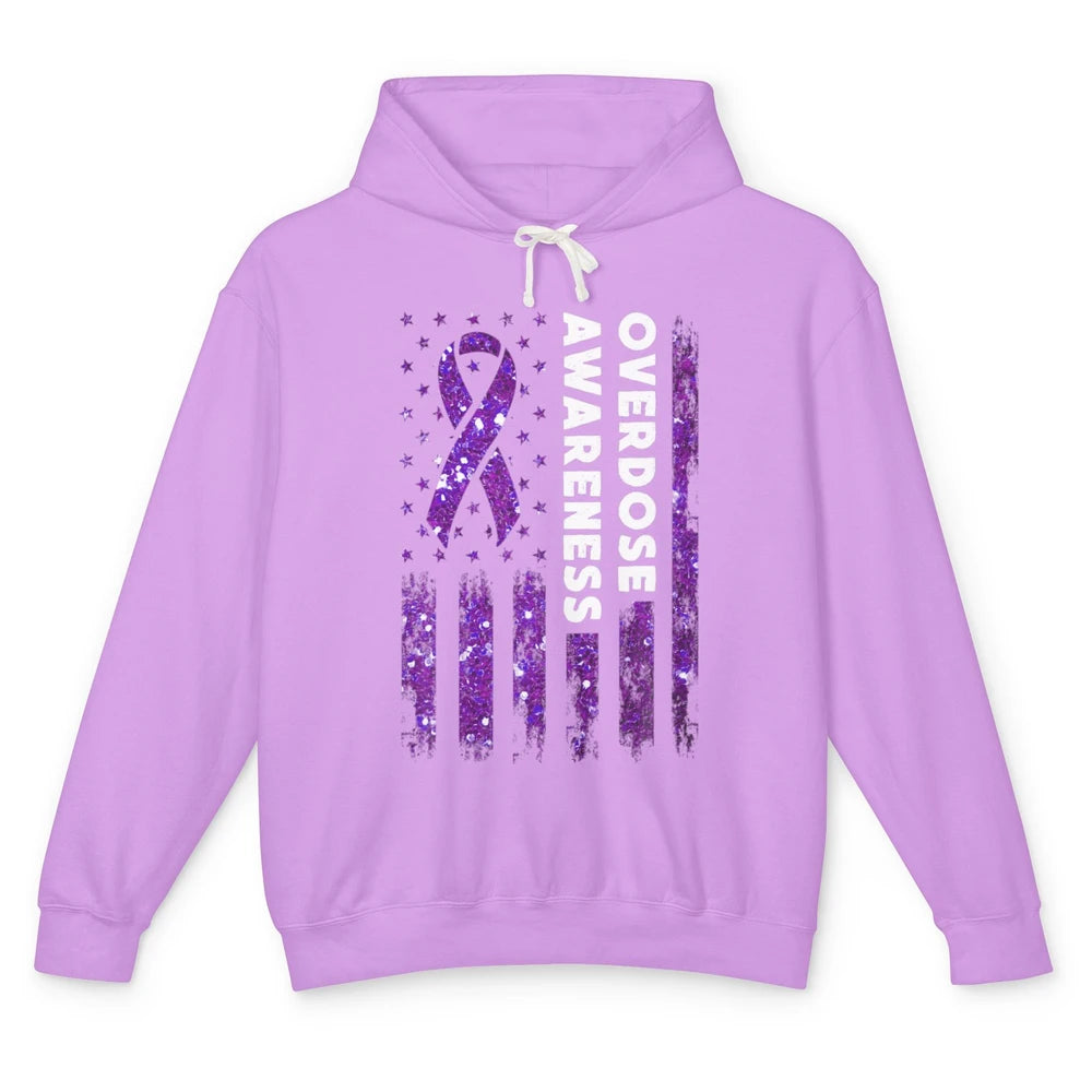 Overdose Awareness US Flag Purple Ribbon Addiction Warrior Unisex Lightweight Hoodie