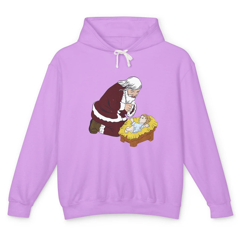 Merry Christmas Kneeling Santa Claus With Baby Jesus Xmas Unisex Lightweight Hoodie