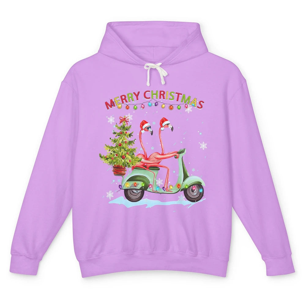 Merry Christmas Flamingos Santa Hat Xmas Lights Motorbike Unisex Lightweight Hoodie