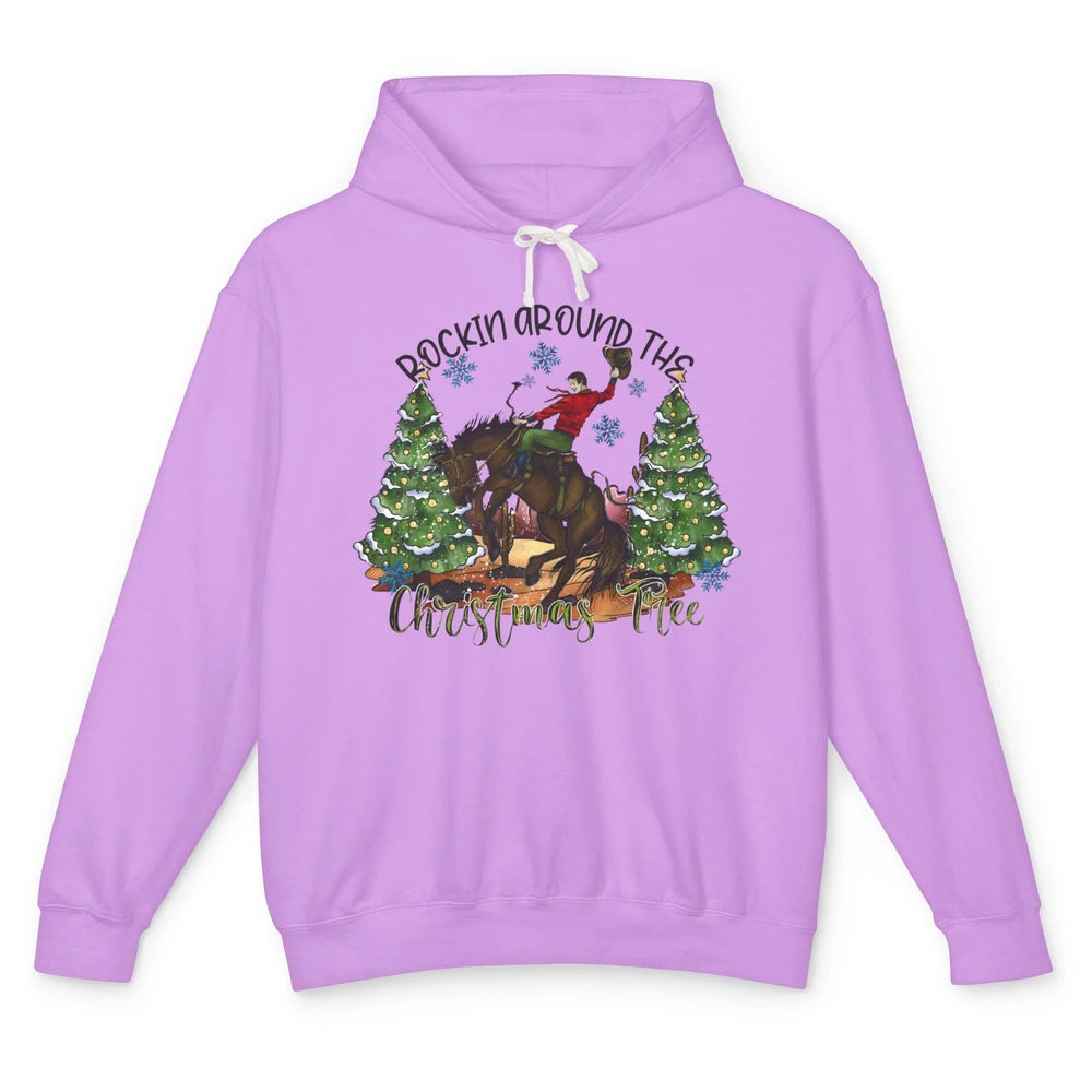 Funny Cowboy Horsing Rocking Around Christmas Tree Western Unisex Lightweight Hoodie