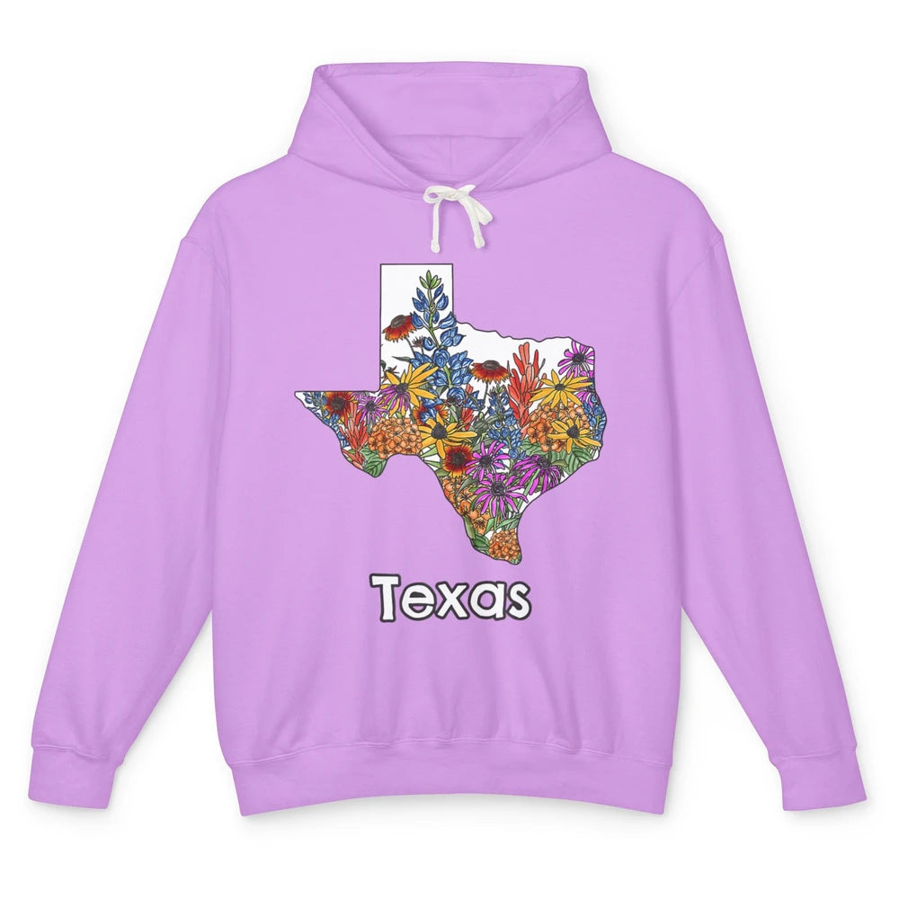 Texas Map Pride Wildflower Western Country Bluebonnet Flower Unisex Lightweight Hoodie