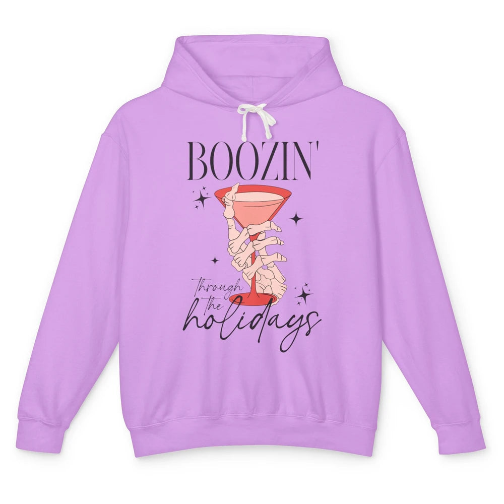 Boozin’ Through The Holidays Christmas Drinking Wine Glass Unisex Lightweight Hoodie