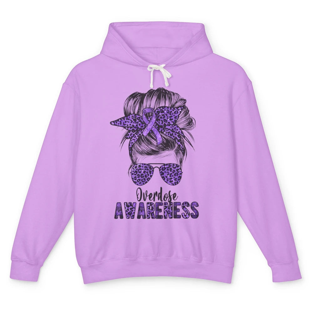 Overdose Awareness Messy Hair Bun Purple Leopard Warrior Unisex Lightweight Hoodie