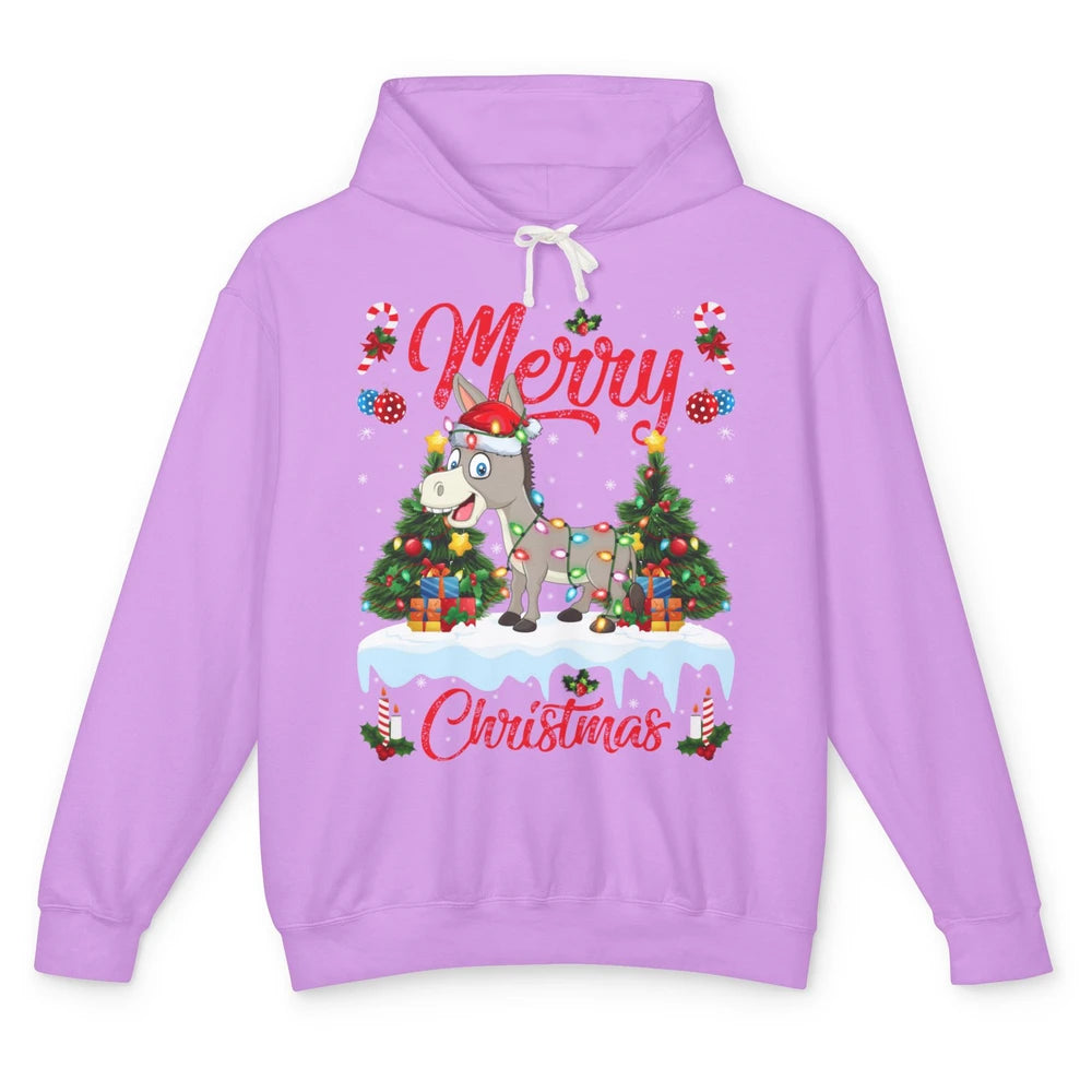 Merry Christmas Donkey Santa Claus Hat Xmas Tree Lights Snow Unisex Lightweight Hoodie