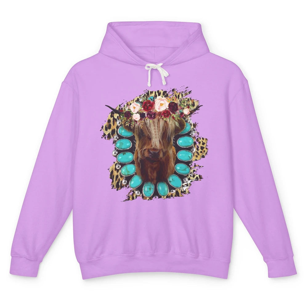 Floral Highland Cow Turquoise Western Country Cowboy Leopard Unisex Lightweight Hoodie