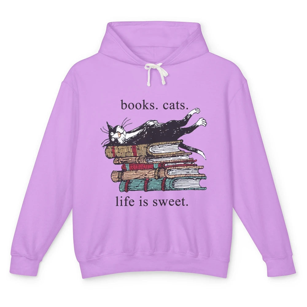 Books Cats Life Is Sweet Cat Book Lovers Reading Book Unisex Lightweight Hoodie