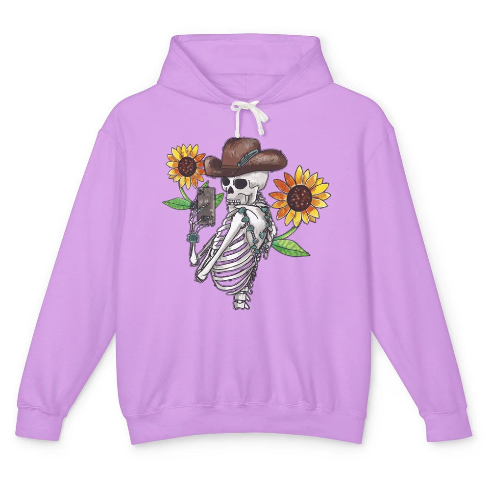 Western Cowboy Hat Skeleton Sunflower Funny Skeleton Selfie Unisex Lightweight Hoodie