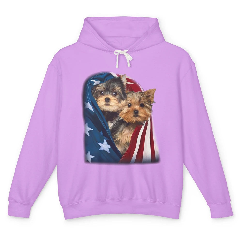 Yorkshire Terrier US Flag July 4th Patriotic Yorkie Puppies Unisex Lightweight Hoodie