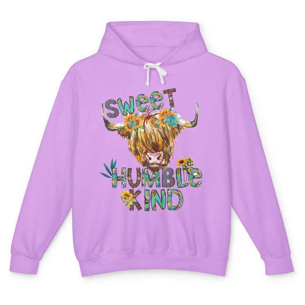 Highland Cow Sunflower Sweet Humble Kind Western Country Unisex Lightweight Hoodie