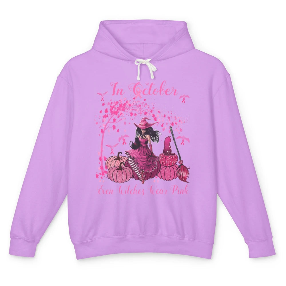 Breast Cancer In October Even Witches Wear Pink Ribbon Fall Unisex Lightweight Hoodie