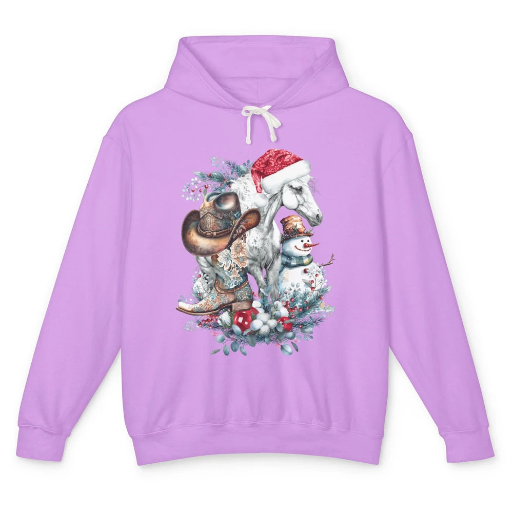 Merry Christmas Horse Santa Hat Cowgirl Cowboy Boots Xmas Unisex Lightweight Hoodie