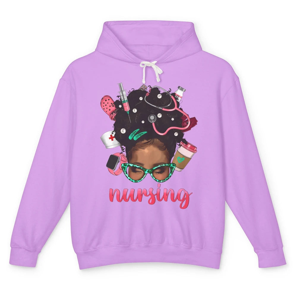 Afro Black Woman Nurse Life Nursing Therapist Messy Hair Bun Unisex Lightweight Hoodie