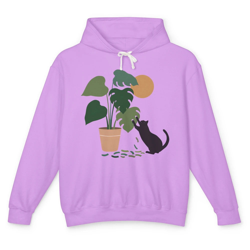 Black Cat And Plant The Making Of Monstera Garden Cat Lovers Unisex Lightweight Hoodie