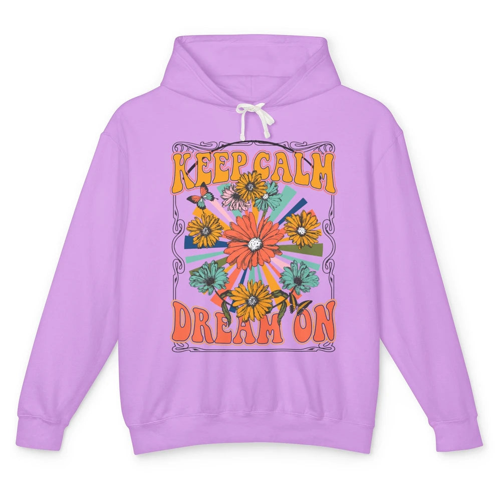 Retro Floral Rainbow Keep Calm Dream On Peace Hippie Girl Unisex Lightweight Hoodie