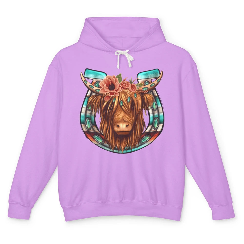 Floral Highland Cow Heifer Horseshoe Western Country Cowboy Unisex Lightweight Hoodie