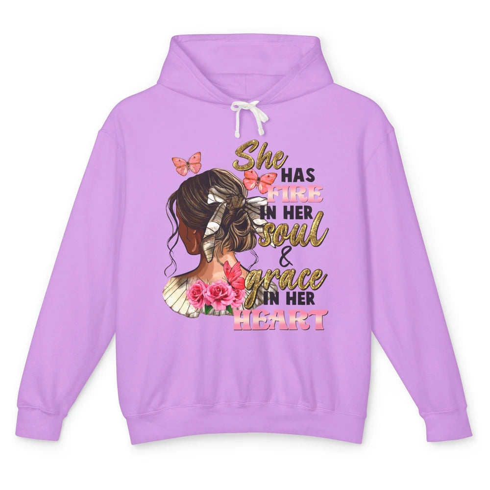 Messy Bun She Has Fire In Her Soul Grace In Heart Christian Unisex Lightweight Hoodie