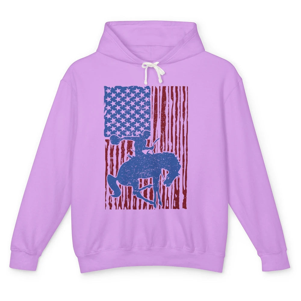 Retro US Flag Cowboy Horsing Rodeo Western July 4th Patriots Unisex Lightweight Hoodie