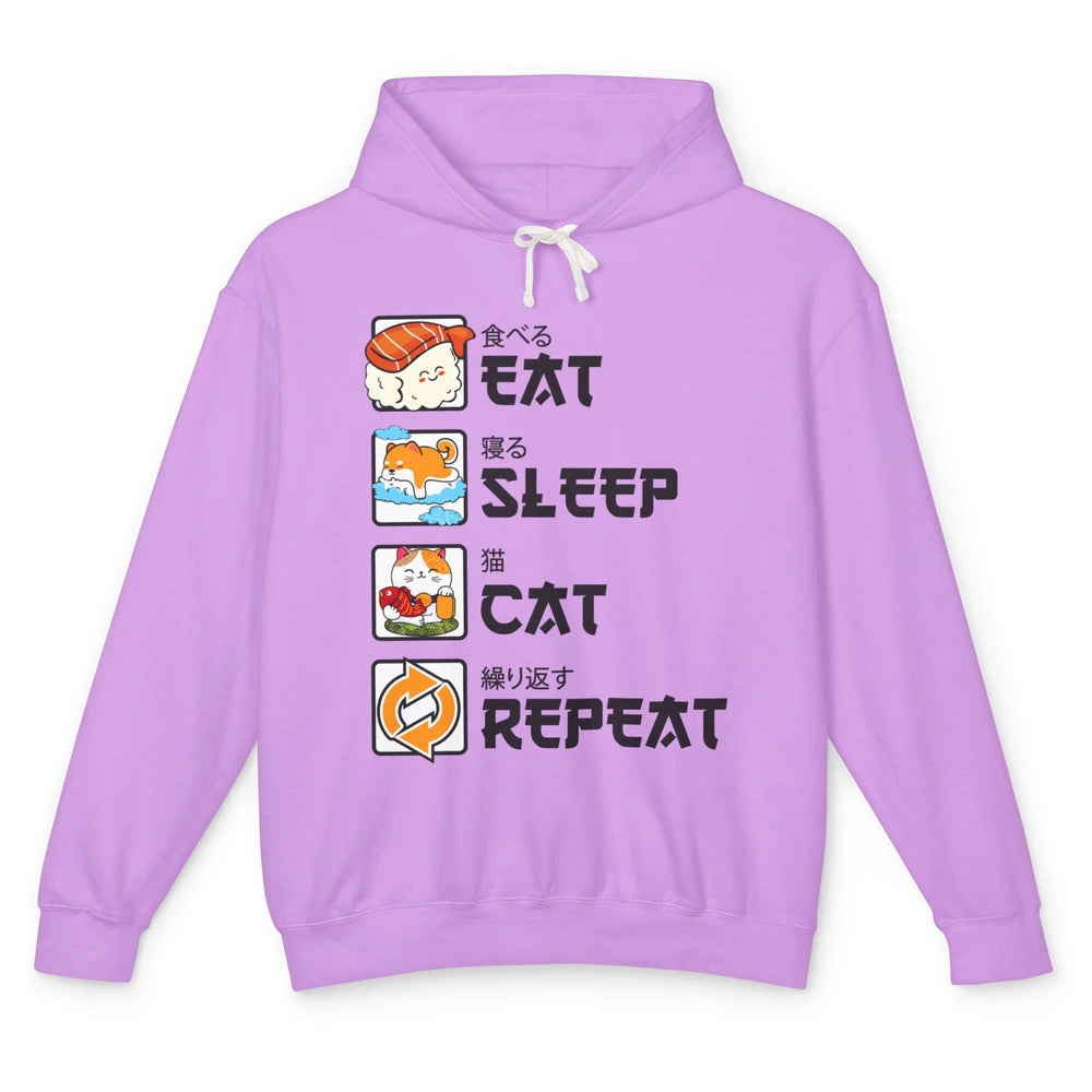 Funny Cat Neko Sushi Eat Sleep Cat Repeat Japanese Kawaii Unisex Lightweight Hoodie