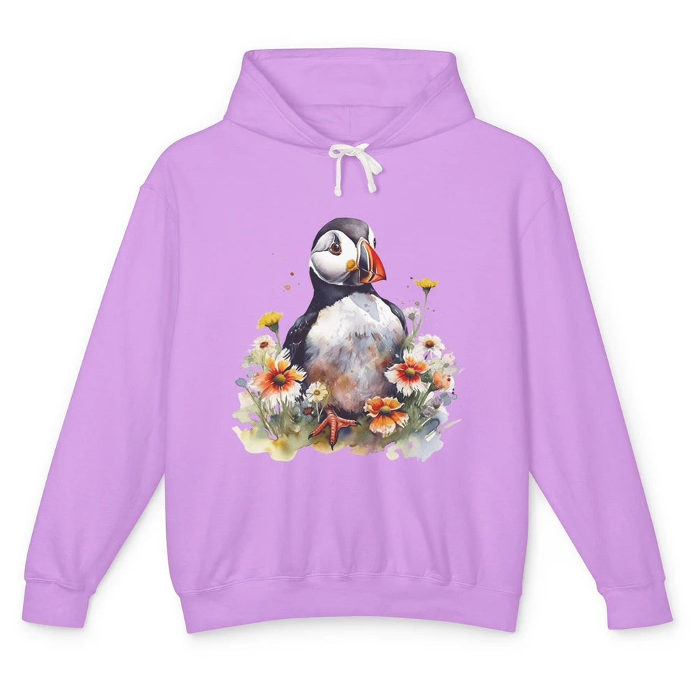 Funny Watercolor Penguin Colorful Wildflowers Field Animal Unisex Lightweight Hoodie