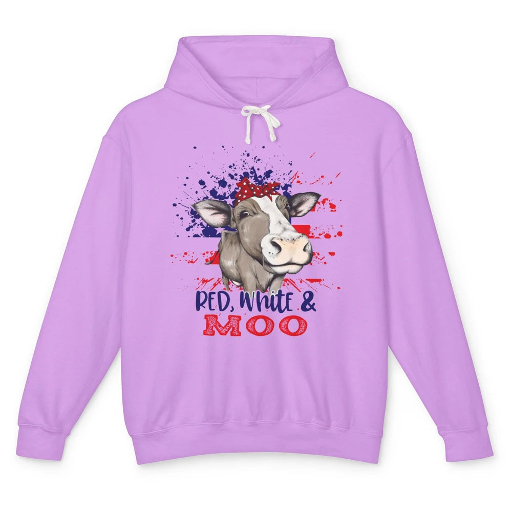 Red White Moo Cow America Flag 4th of July Patriotic Unisex Lightweight Hoodie