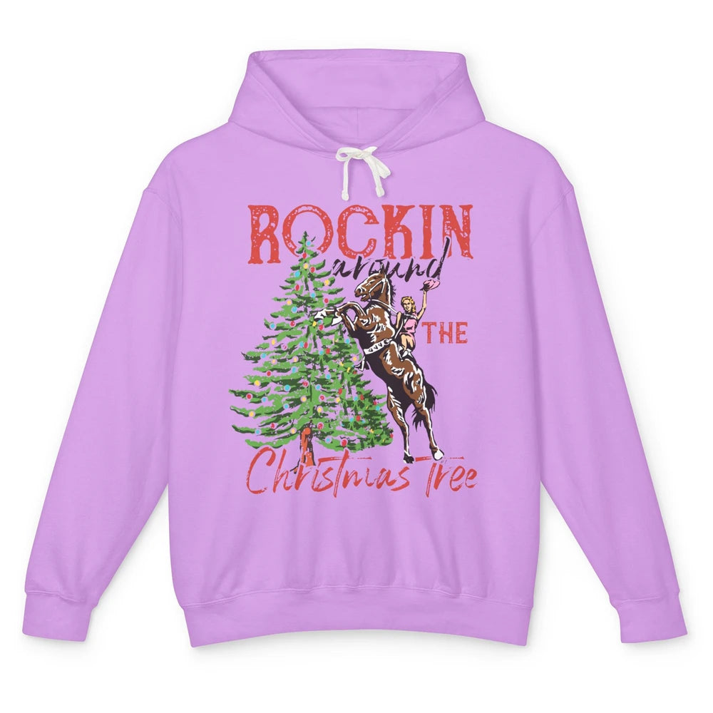 Funny Cowgirl Horsing Rocking Around Christmas Tree Western Unisex Lightweight Hoodie