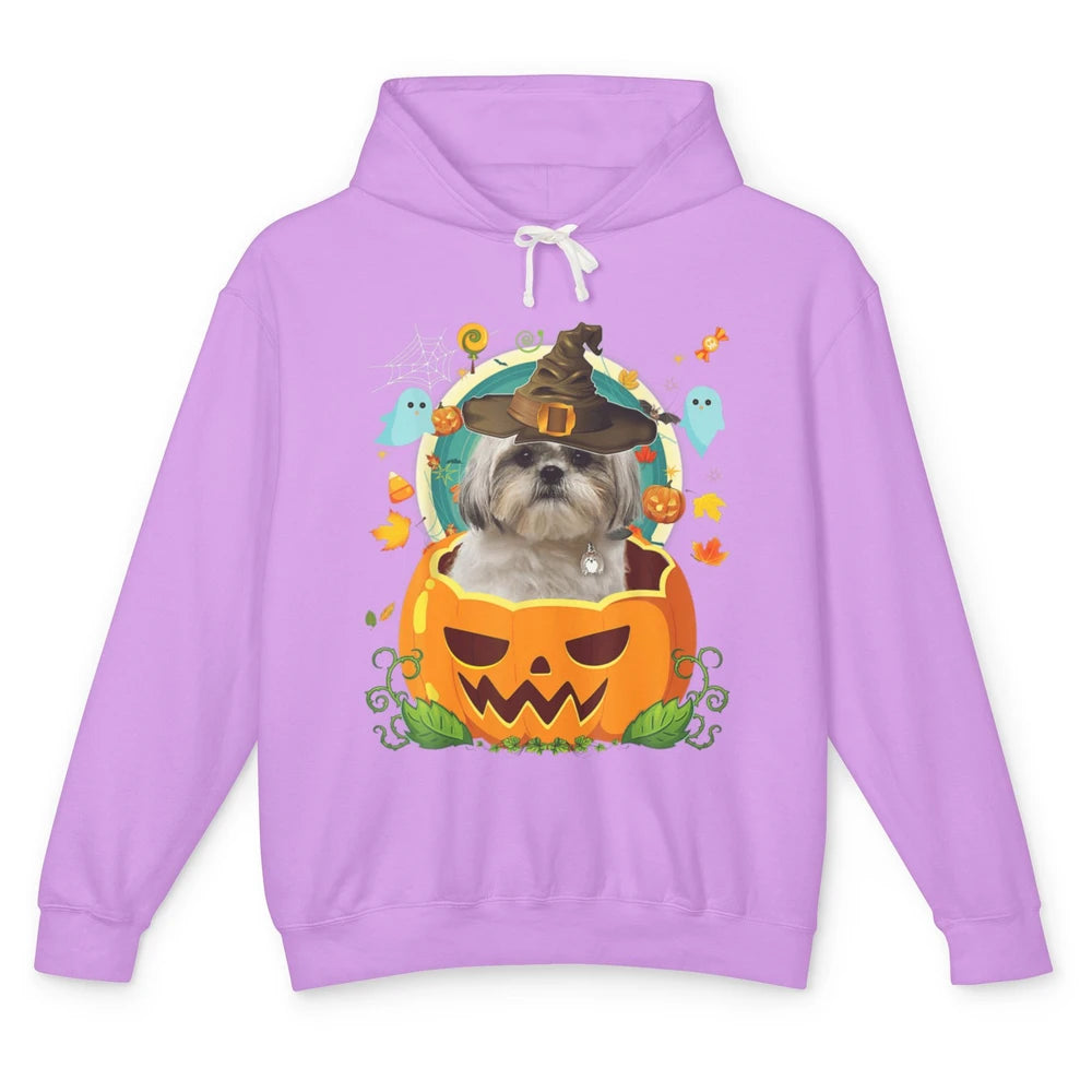 Funny Shih Tzu Dog Witch Hat Pumpkin Halloween Spooky Season Unisex Lightweight Hoodie