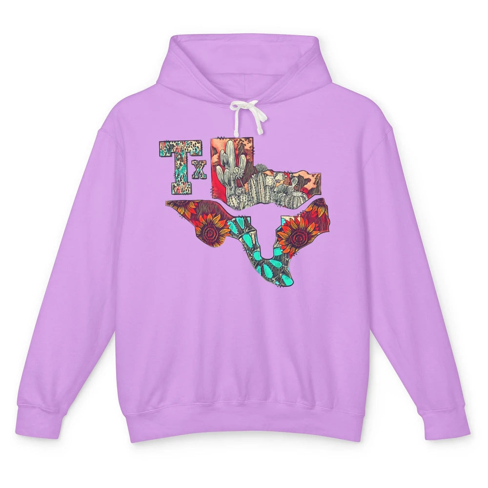 Texas Map Boho Texas State Leopard Western Desert Cactus Unisex Lightweight Hoodie