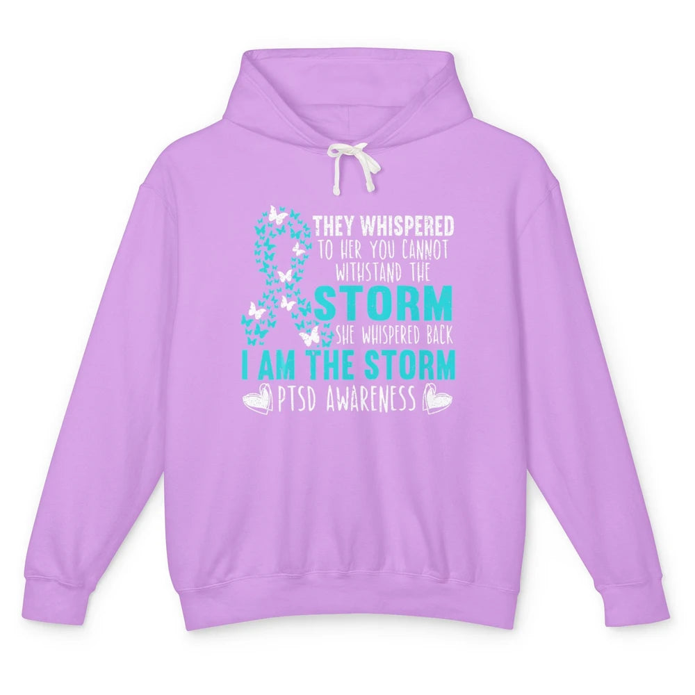 Teal Ribbon Butterfly The Storm Warrior PTSD Awareness Month Unisex Lightweight Hoodie