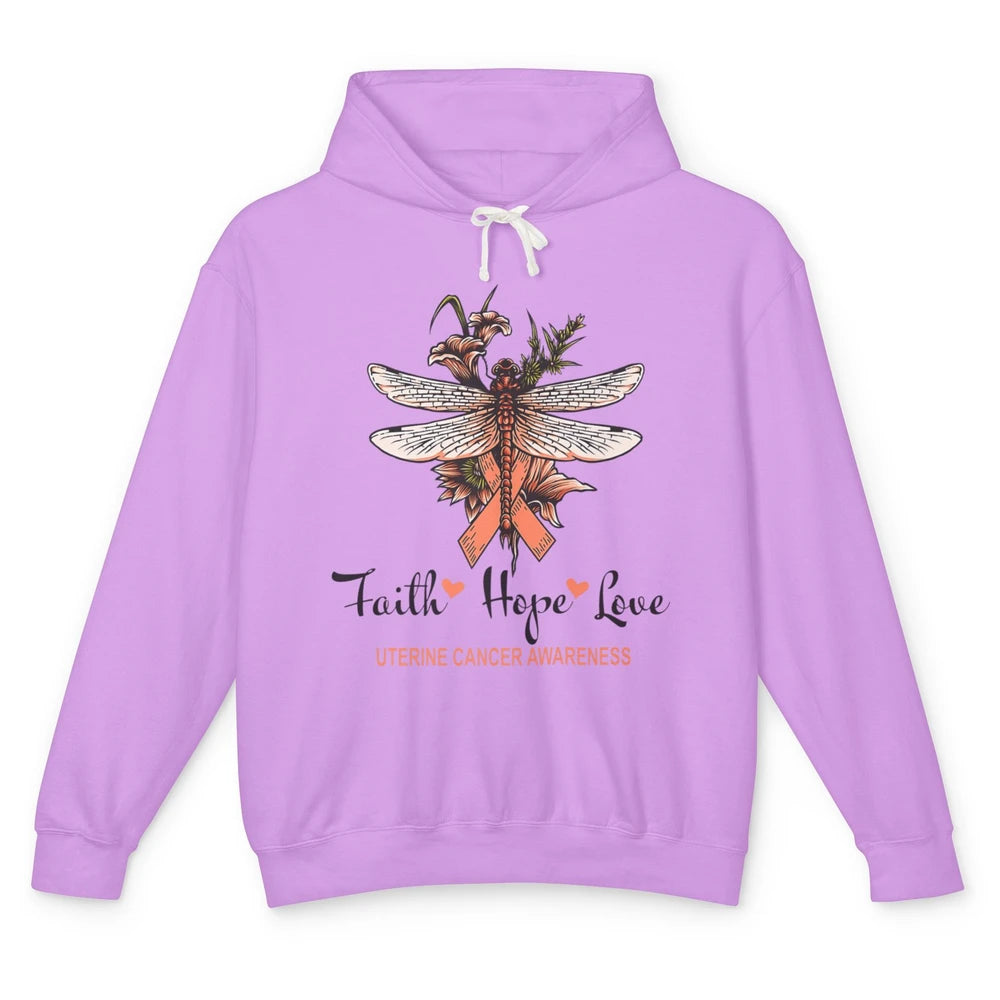 Faith Hope Love Dragonfly Peach Uterine Cancer Awareness Unisex Lightweight Hoodie