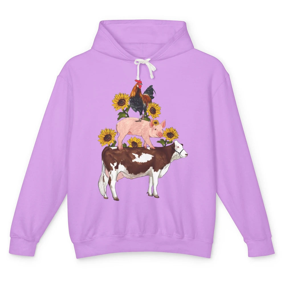 Sunflower Western Farm Life Animals Vegan Cow Pig Rooster Unisex Lightweight Hoodie