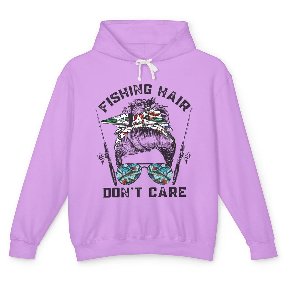 Messy Bun Fishing Hair Don't Care Reel Girls Fish Fisherman Unisex Lightweight Hoodie