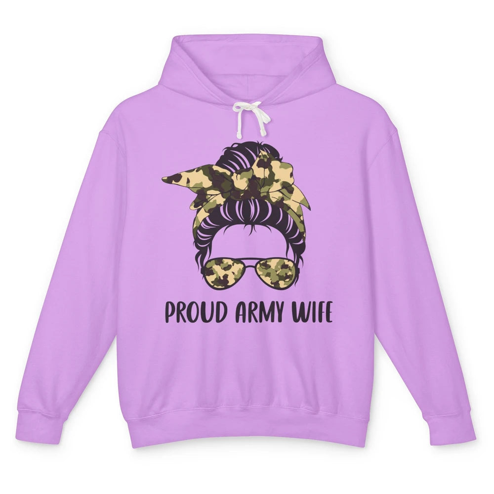 Proud Army Wife Messy Bun Hair Proud Wife Of A US Soldier Unisex Lightweight Hoodie