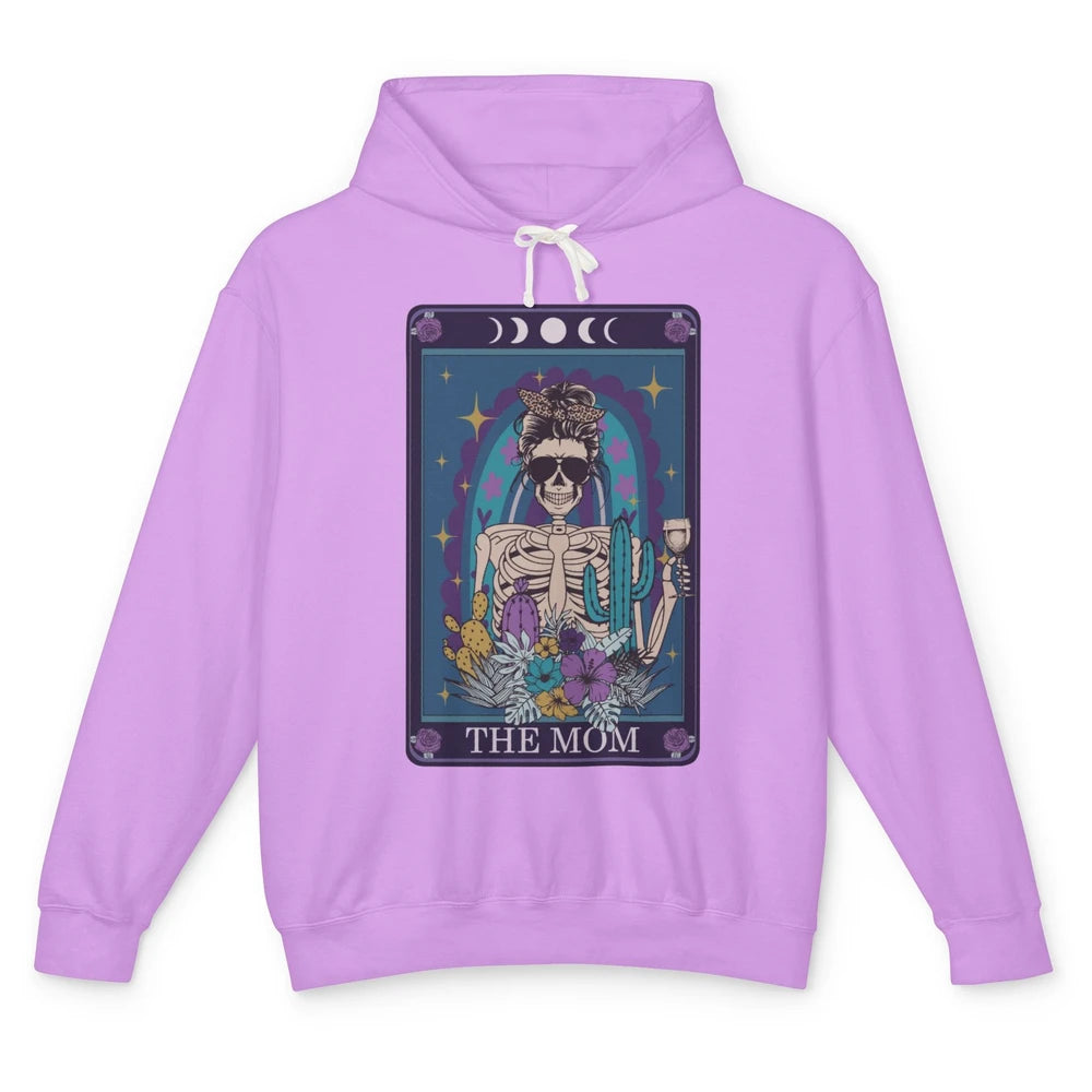 Skeleton Skull Messy Bun Mom Tarot Card The Mom Halloween Unisex Lightweight Hoodie