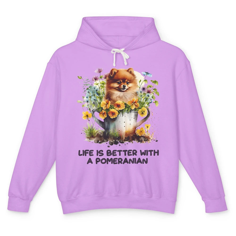 Cute Pomeranian Puppy Flowers Life Is Better With Pomeranian Unisex Lightweight Hoodie