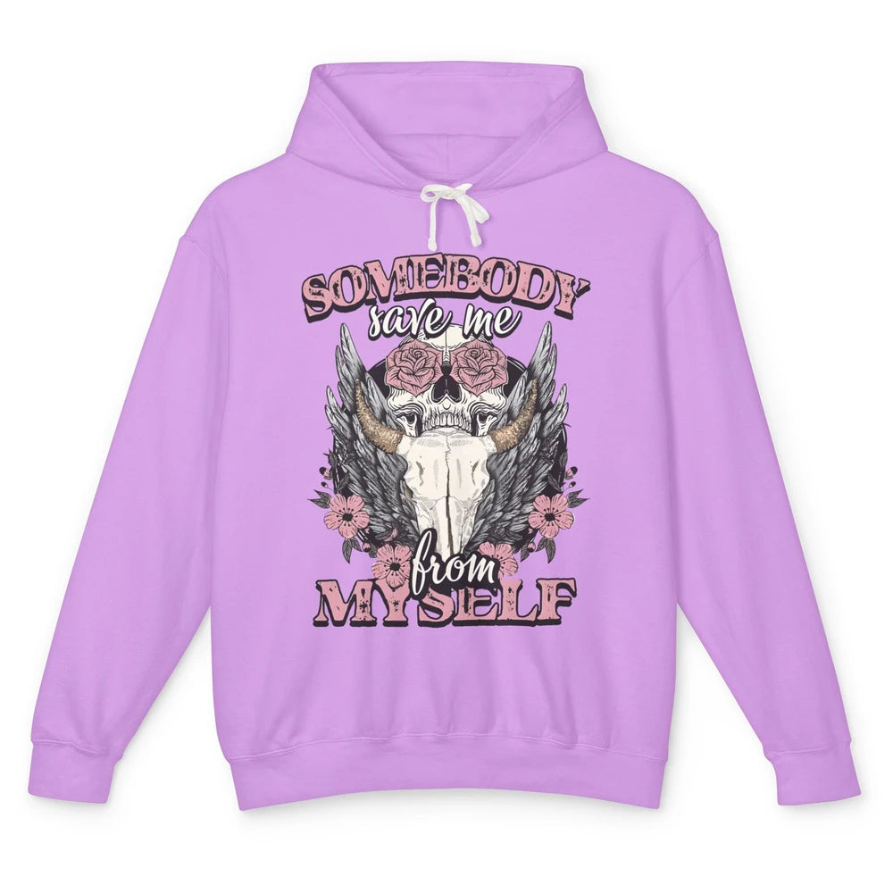 Retro Floral Bull Skull Somebody Save Me From Myself Western Unisex Lightweight Hoodie