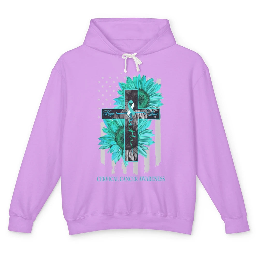 Cervical Cancer Faith Hope Turquoise US Flag Jesus Cross Unisex Lightweight Hoodie