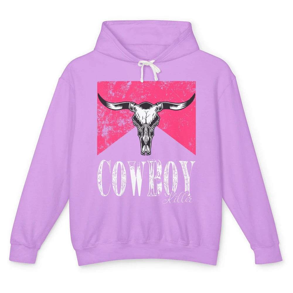 Western Cowboy Bull Skull Pink Southern Country Killer Retro Unisex Lightweight Hoodie