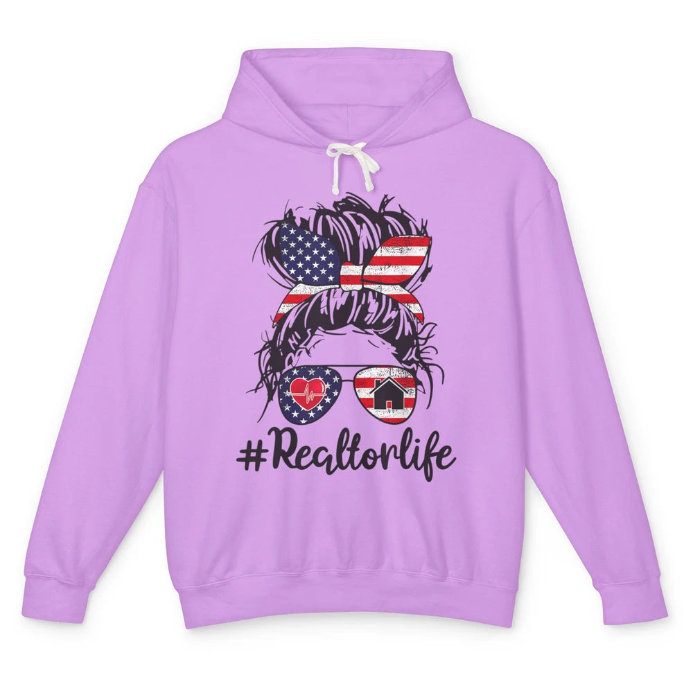 Messy Hair Bun 4th July Flag Realtor Life Real Estate Agent Unisex Lightweight Hoodie