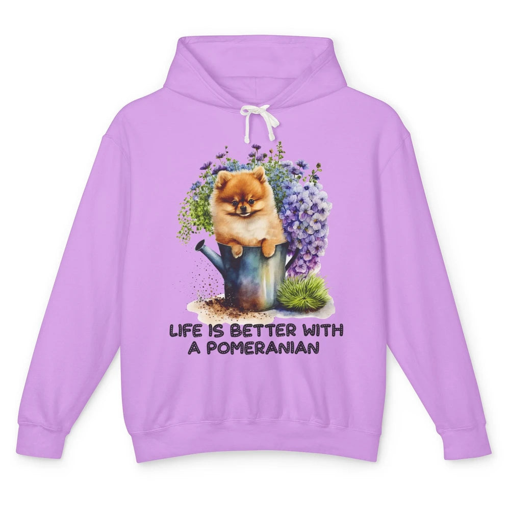 Cute Pomeranian Puppy Flowers Life Is Better With Pomeranian Unisex Lightweight Hoodie