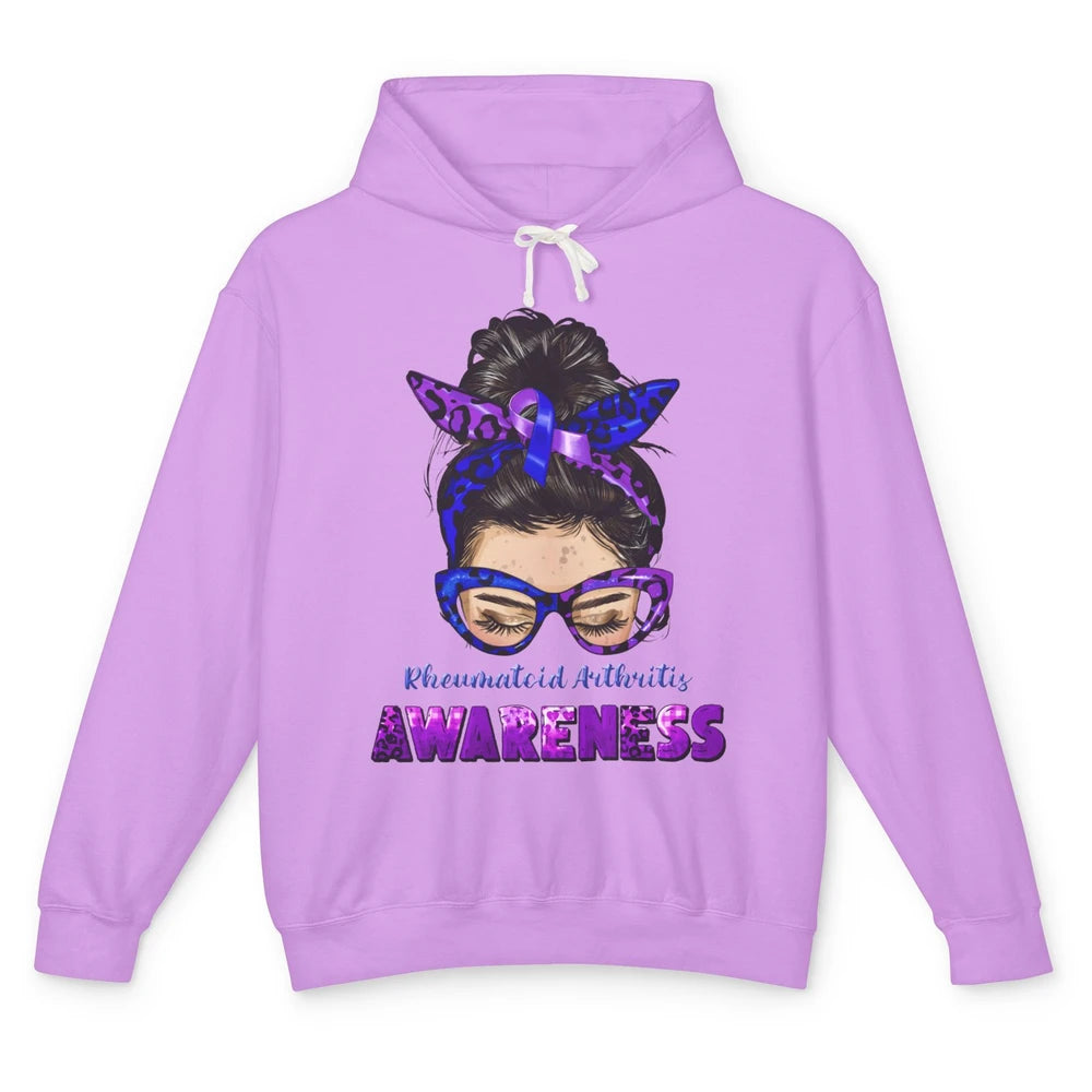 Rheumatoid Arthritis Messy Bun Mom Blue Purple Ribbon Unisex Lightweight Hoodie