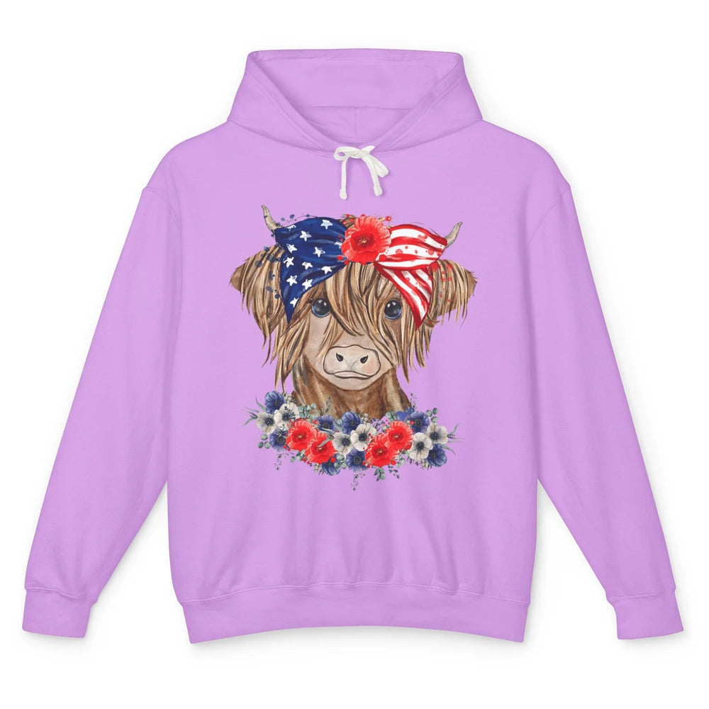 Funny Heifer Highland Cow Bandana America Flag 4th Of July Unisex Lightweight Hoodie