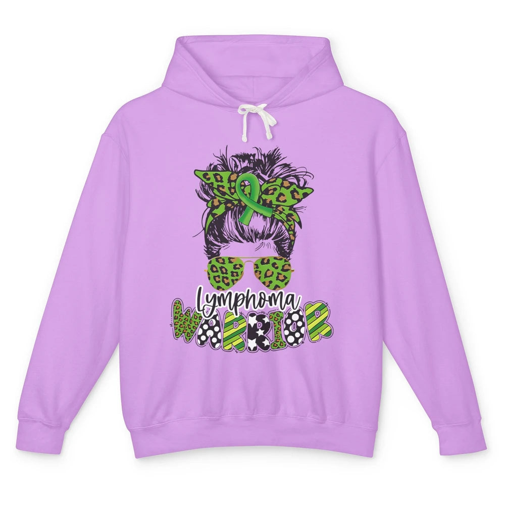 Warrior Fight Lymphoma Cancer Green Leopard Ribbon Messy Bun Unisex Lightweight Hoodie